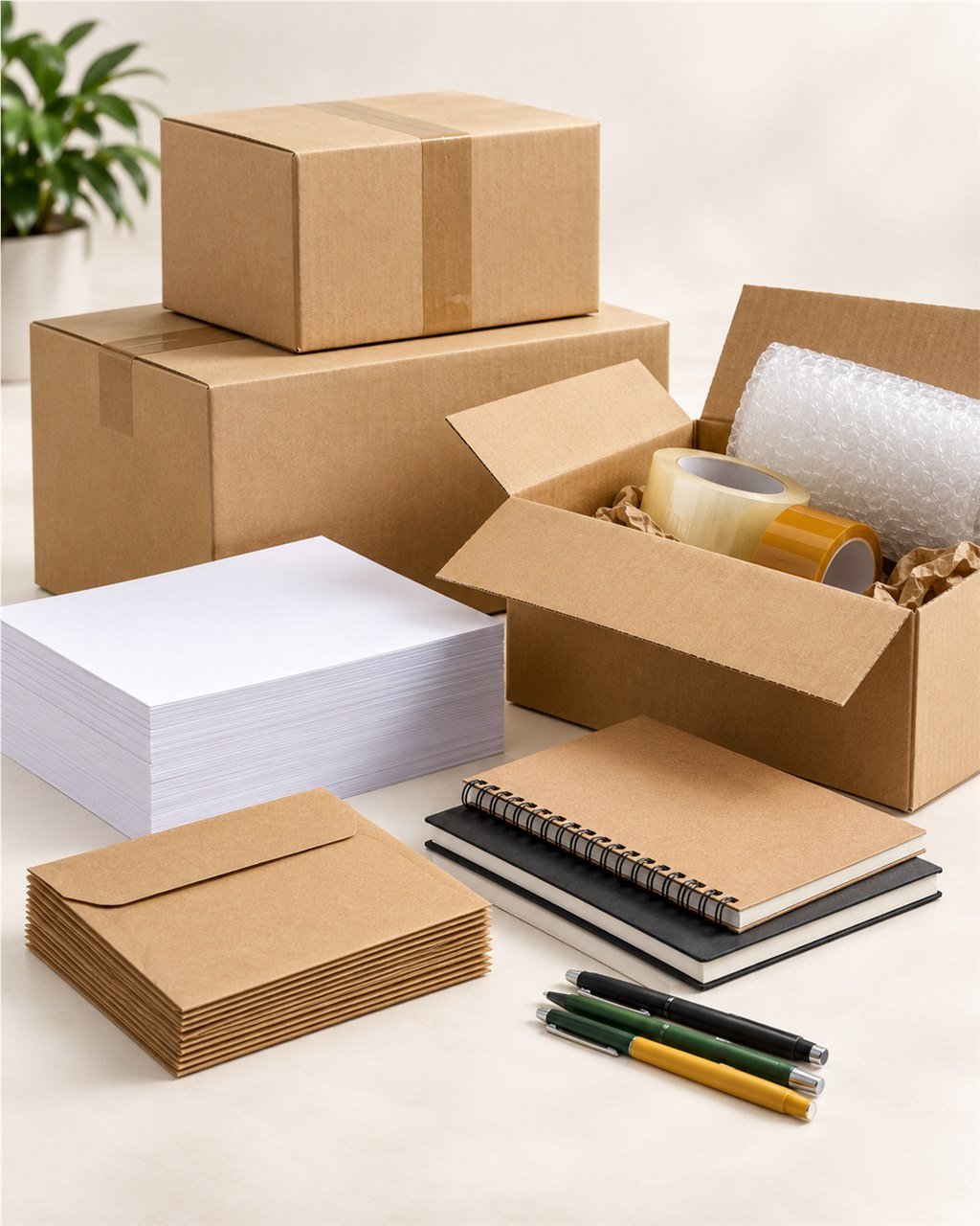 Pedido preparado con productos de embalaje, papelería y librería